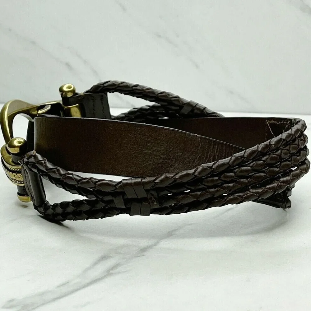 Brown Faux Leather Hook Buckle Belt Gold Tone Hardware Small (S) Womens ✨
